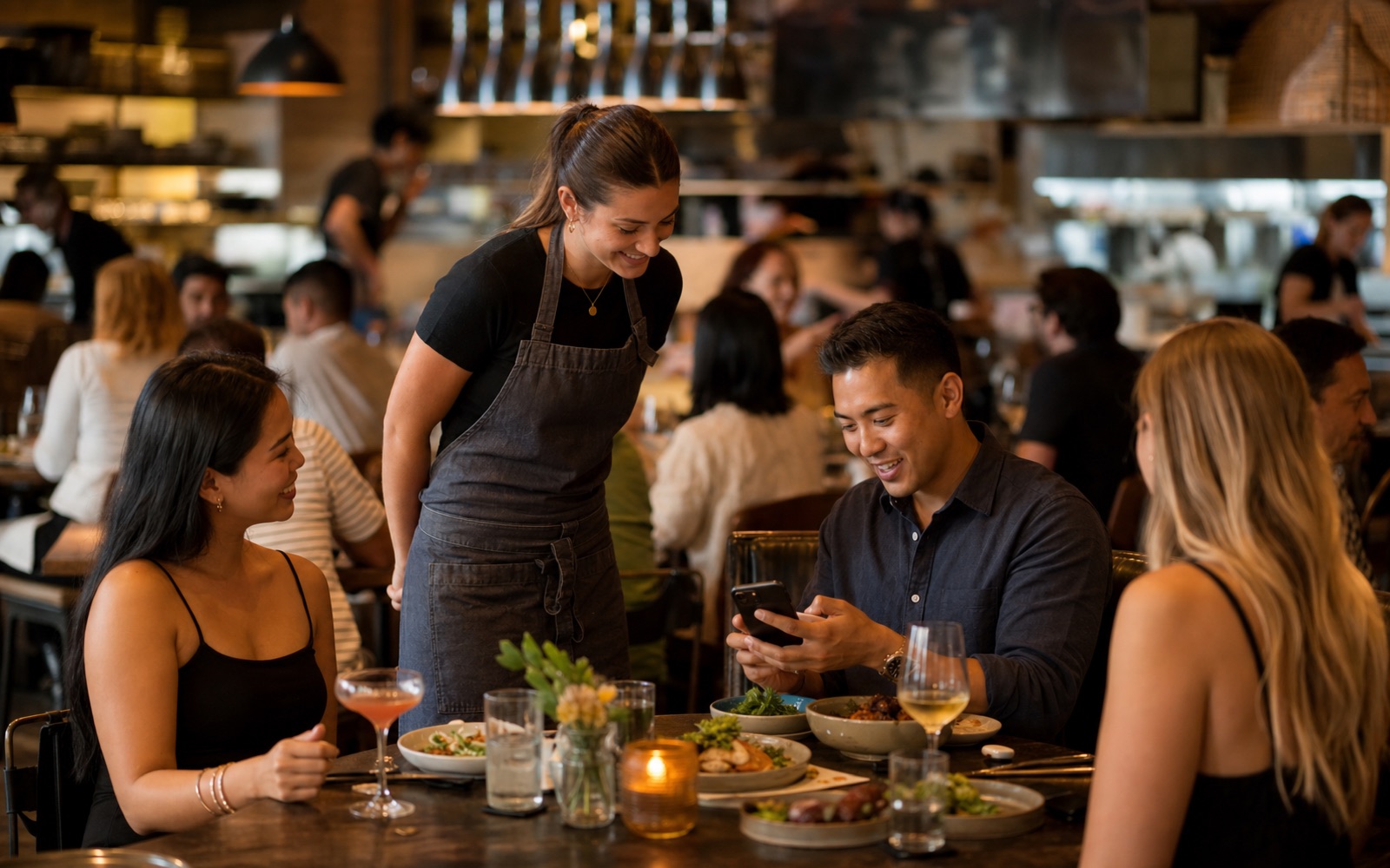 Server checking on guests while a diner orders from a smartphone