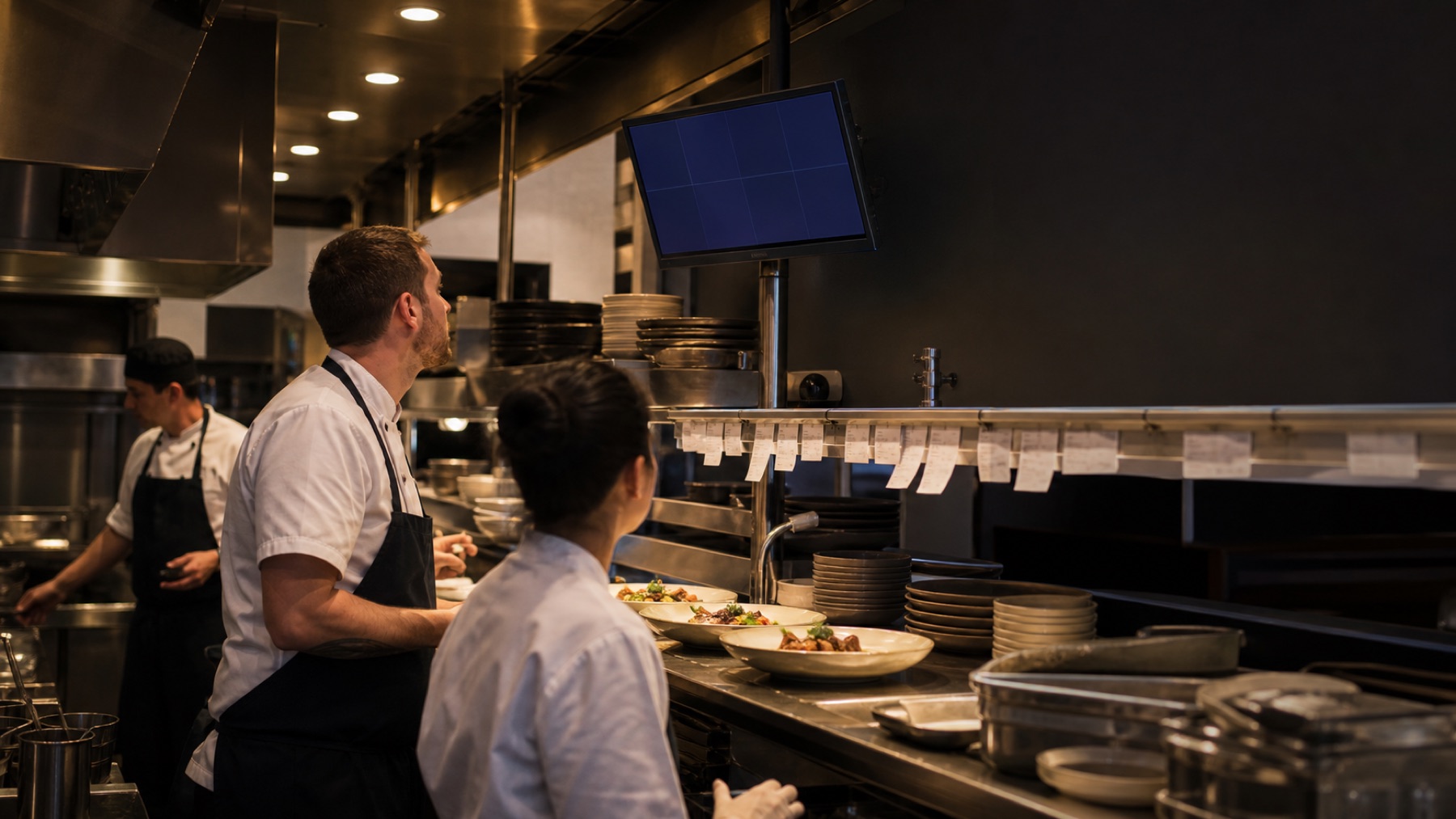 Restaurant kitchen display showing Voitly order flow